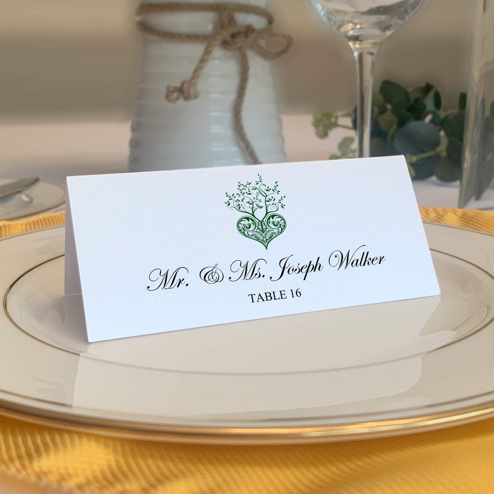 Tree of Life Heart Place Cards, Hunter Green (Choose Color), Set of 150, Pre-cut and Scored - Wedding, Party, Dinner, and Special Events - Made in the USA
