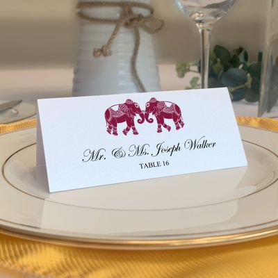Indian Elephants Place Cards, Burgundy (Choose Color), Set of 60, Pre-cut and Scored - Wedding, Party, Dinner, and Special Events - Made in the USA