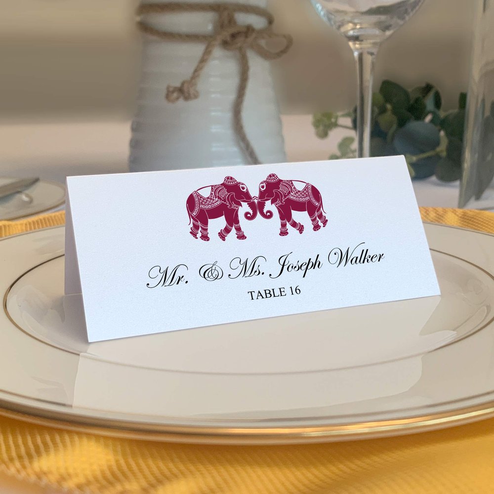 Indian Elephants Place Cards, Burgundy (Choose Color), Set of 60, Pre-cut and Scored - Wedding, Party, Dinner, and Special Events - Made in the USA