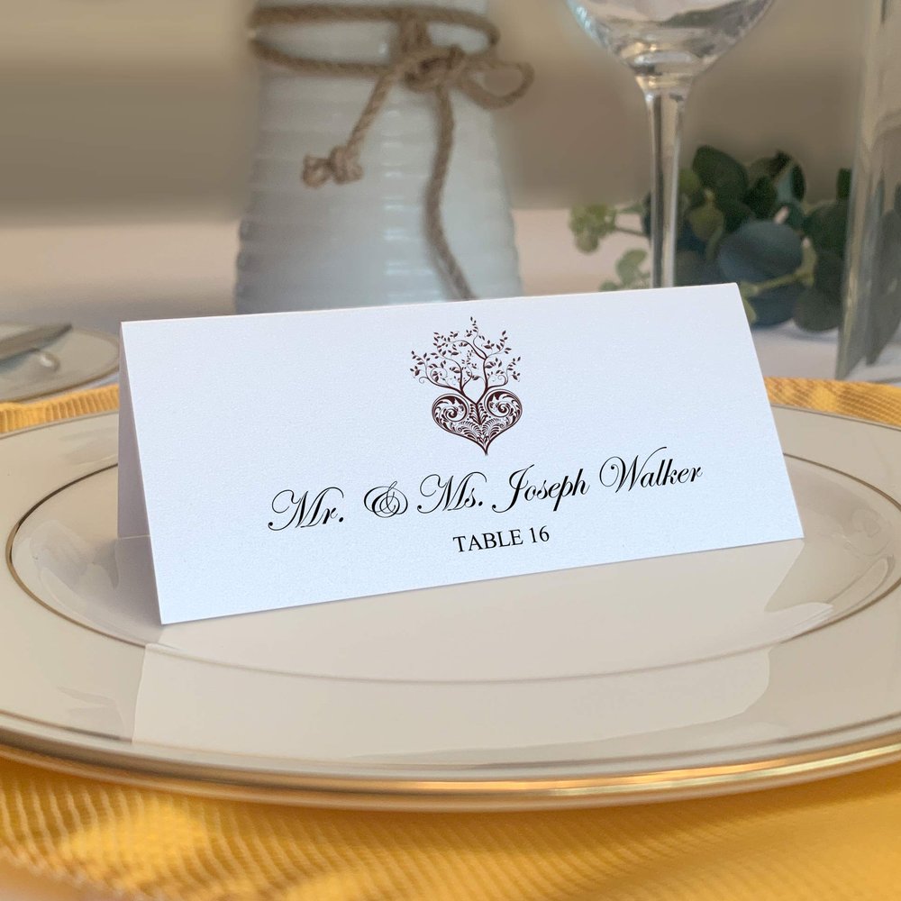 Tree of Life Heart Place Cards, Chocolate (Choose Color), Set of 150, Pre-cut and Scored - Wedding, Party, Dinner, and Special Events - Made in the USA