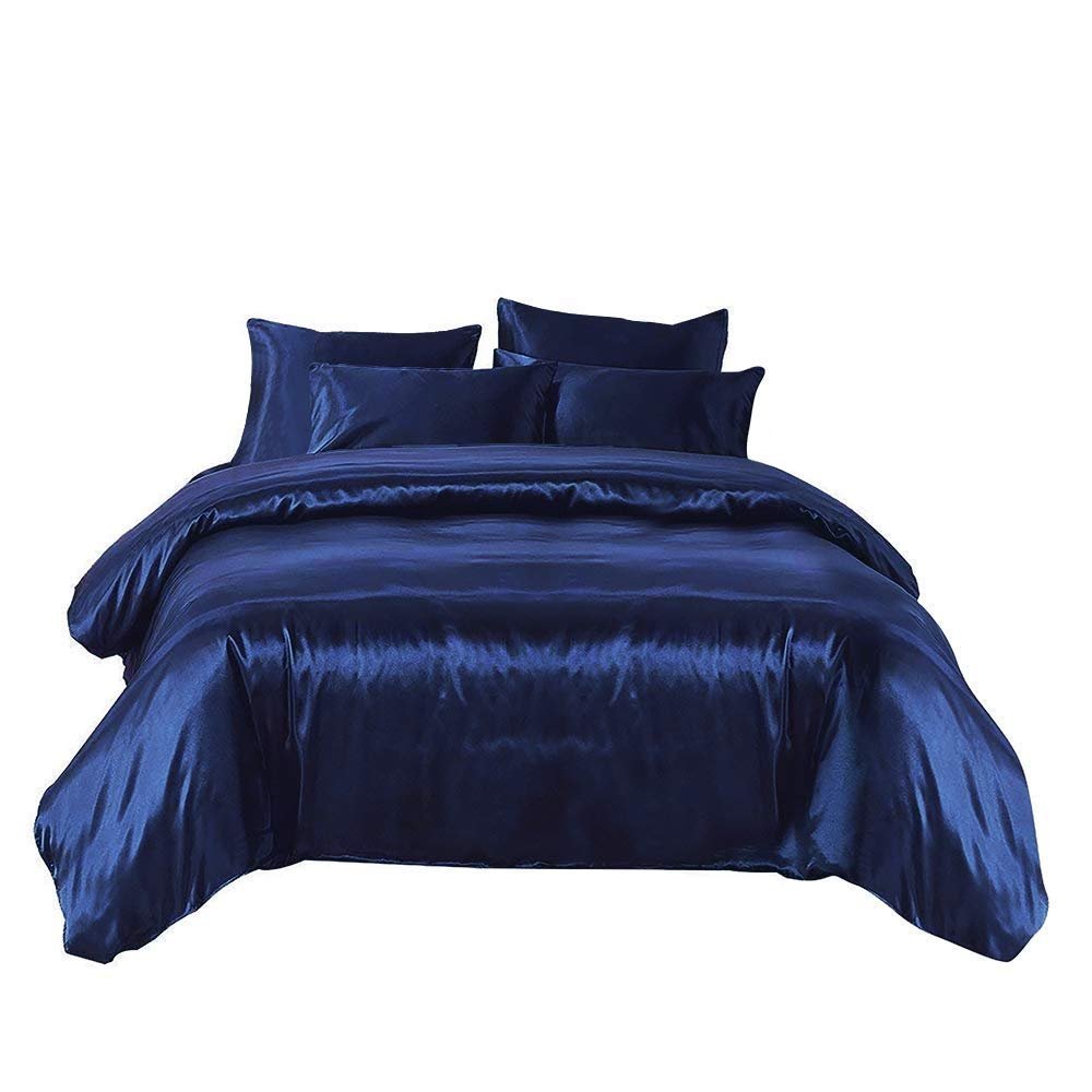 Decent Bedding Classic Collection of 3-Piece Silky Satin Duvet/Comforter Cover Set, 100% Polyster, Duvet/Comforter Cover + 2 Pillowcases, Navy Blue, Queen(88'' x 88'')