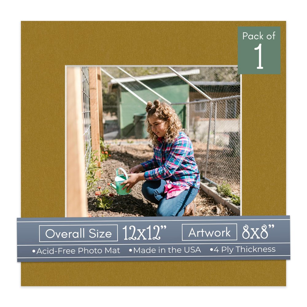 CountryArtHouse Metallic Gold Acid Free 12x12 Picture Frame Mats with White Core Bevel Cut for 8x8 Pictures - Fits 12x12 Frame - One Mat - With Bag & Backing