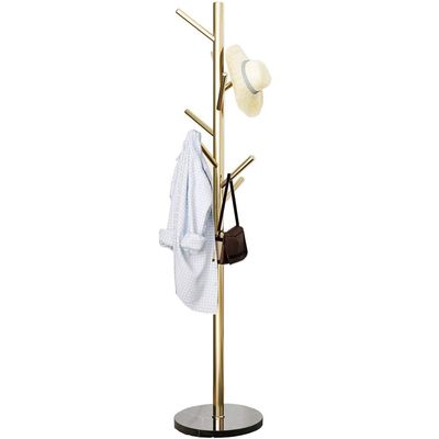 Jolitac Metal Coat Rack Stand Golden Satin Steel Finish Stable Marble Base, High-Grade with Hooks Metal Tree Hat & Coat Hanger Floor Free Standing Wall Bedroom Easy Assembly (Golden)