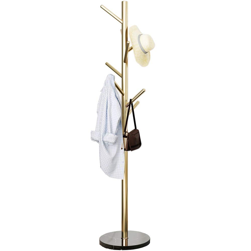 Jolitac Metal Coat Rack Stand Golden Satin Steel Finish Stable Marble Base, High-Grade with Hooks Metal Tree Hat & Coat Hanger Floor Free Standing Wall Bedroom Easy Assembly (Golden)
