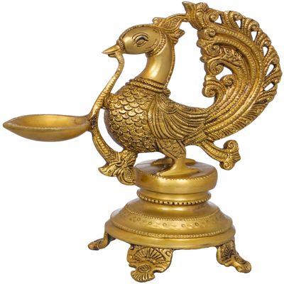 Exotic India Peacock Wick Puja Lamp - Brass Statue - Color Gold Color