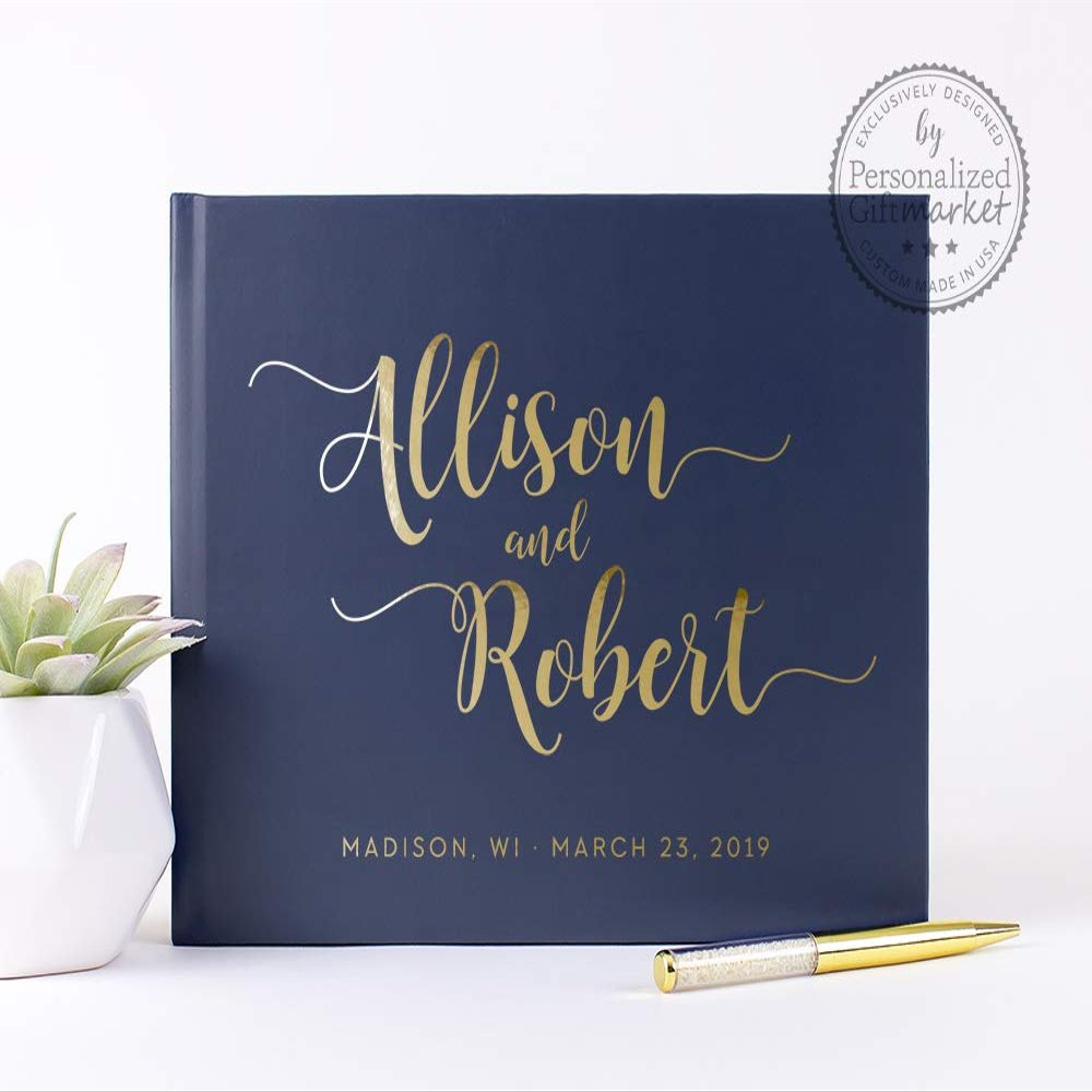 Navy Wedding Guestbook, Personalized Custom Guest Book for Bridal Shower Gift or Wedding Event - Hardcover, 50 Pages (9x6 inches)
