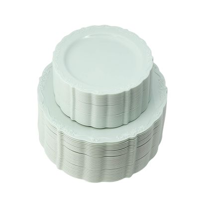Posh Setting Vintage Disposable Dinnerware Set - Heavy Duty Plastic Plates, 60 Pack with 30 Appetizer & 30 Dinner Plates for Wedding, Light Green