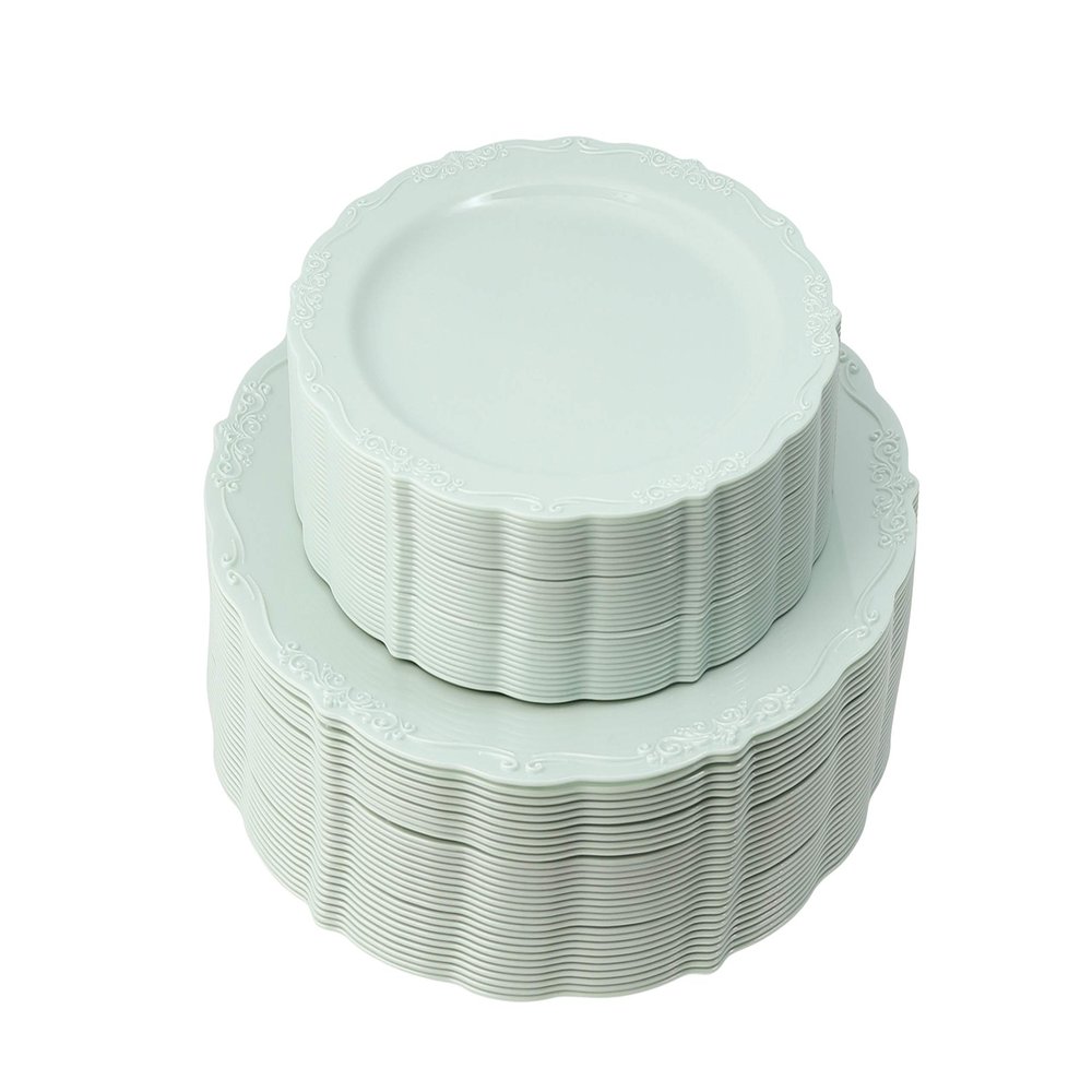 Posh Setting Vintage Disposable Dinnerware Set - Heavy Duty Plastic Plates, 60 Pack with 30 Appetizer & 30 Dinner Plates for Wedding, Light Green