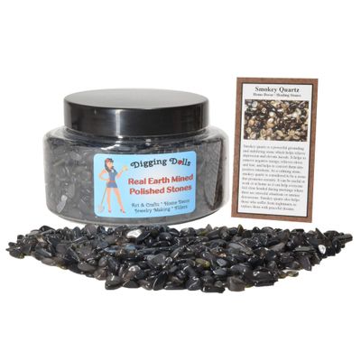 Digging Dolls: 1 Gift Jar (Around 2 lbs) of Tumbled Smokey Quartz Chip Stones w/Stone Information Card - Polished Rocks for Crafts, Art, Vase Filler, Decoration, Crystal Jewelry Making and More!