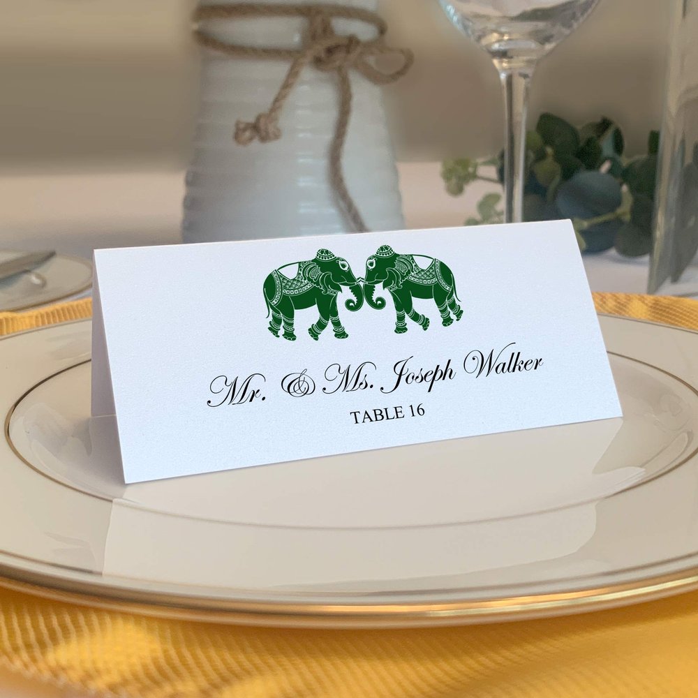 Indian Elephants Place Cards, Hunter Green (Choose Color), Set of 60, Pre-cut and Scored - Wedding, Party, Dinner, and Special Events - Made in the USA