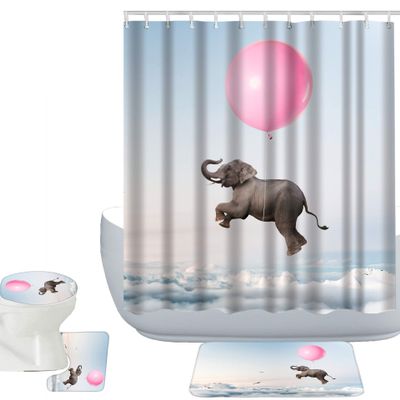 Amagical Flying Elephant with Pink Balloon Through Cloudy Sky 16 Piece Bathroom Mat Set Shower Curtain Set Bath Mat Contour Mat Toilet Cover Fabric Waterproof Shower Curtain with 12 Hooks
