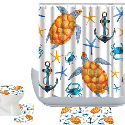 Amagical Blue Starfish and Yellow Turtles Pattern 4 Piece Bathroom Mat Set Shower Curtain Set Bath Mat Contour Mat Toilet Cover Fabric Waterproof Shower Curtain with 12 Hooks