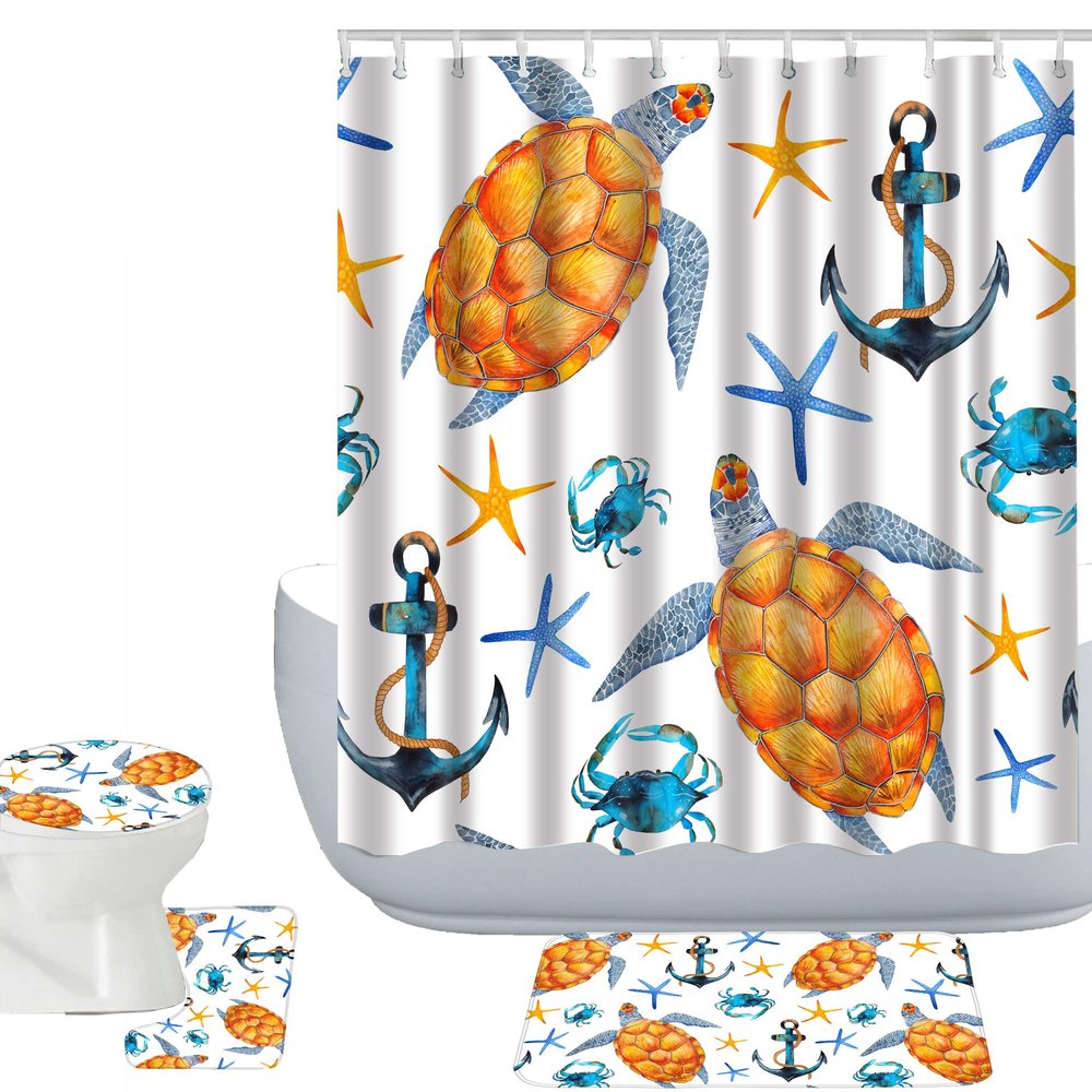Amagical Blue Starfish and Yellow Turtles Pattern 4 Piece Bathroom Mat Set Shower Curtain Set Bath Mat Contour Mat Toilet Cover Fabric Waterproof Shower Curtain with 12 Hooks
