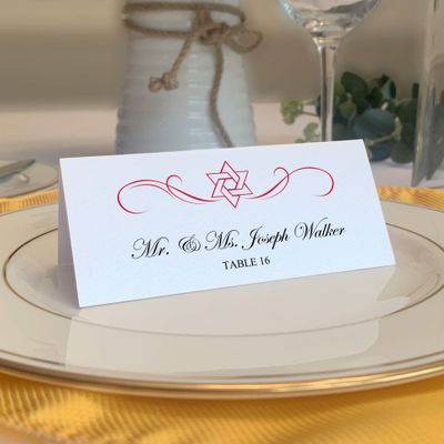 Intertwined Star of David Flourish Jewish Place Cards, Ruby Red (Choose Color), Set of 150, Pre-cut and Scored - Wedding, Party, Dinner, and Special Events - Made in the USA
