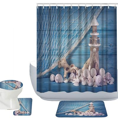 Amagical Blue Marine Life Seashells Conch 4 Piece Bathroom Mat Set Shower Curtain Set Bath Mat Contour Mat Toilet Cover Fabric Waterproof Shower Curtain with 12 Hooks