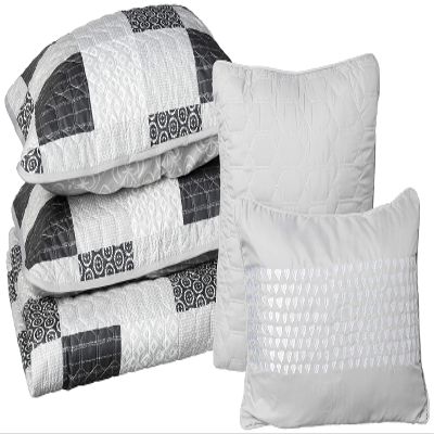 Avondale Manor Evangeline 5 pc Reversible Printed Patchwork Quilt with Throw Pillows Bedding Set, Queen, Gray