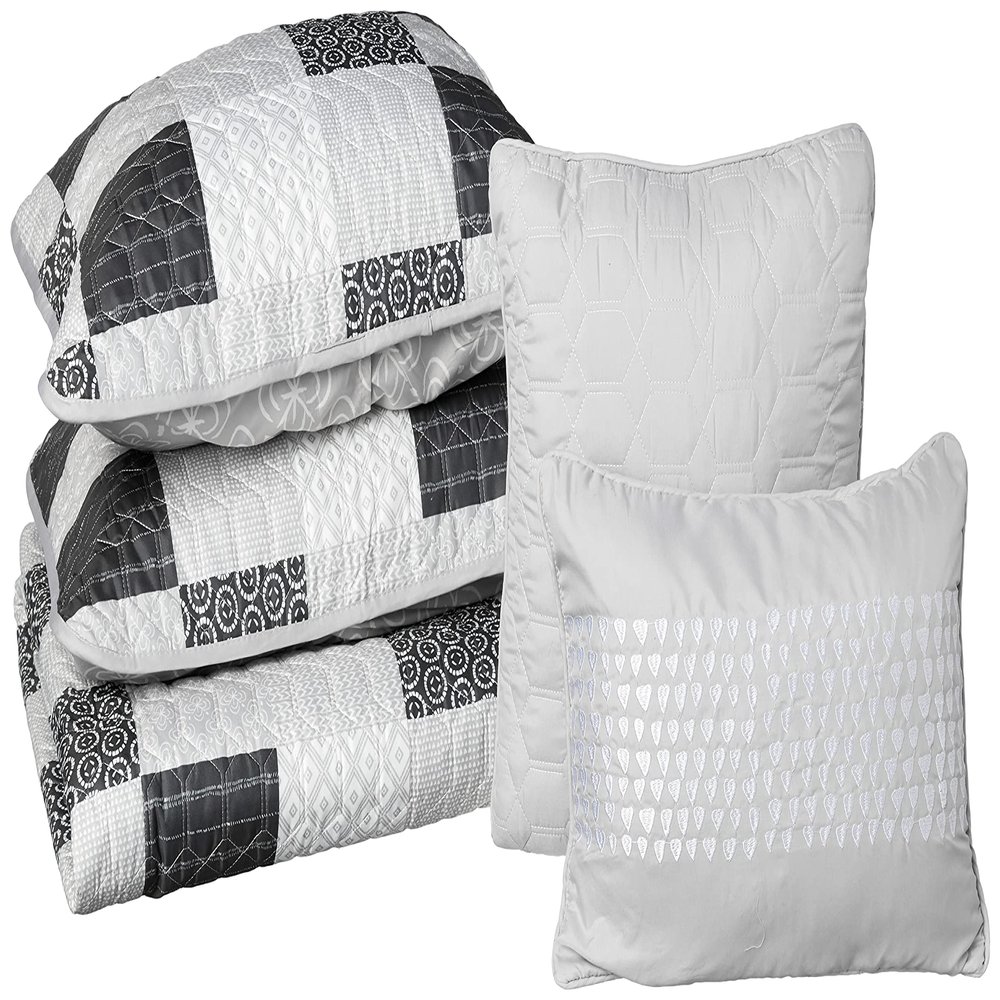 Avondale Manor Evangeline 5 pc Reversible Printed Patchwork Quilt with Throw Pillows Bedding Set, Queen, Gray