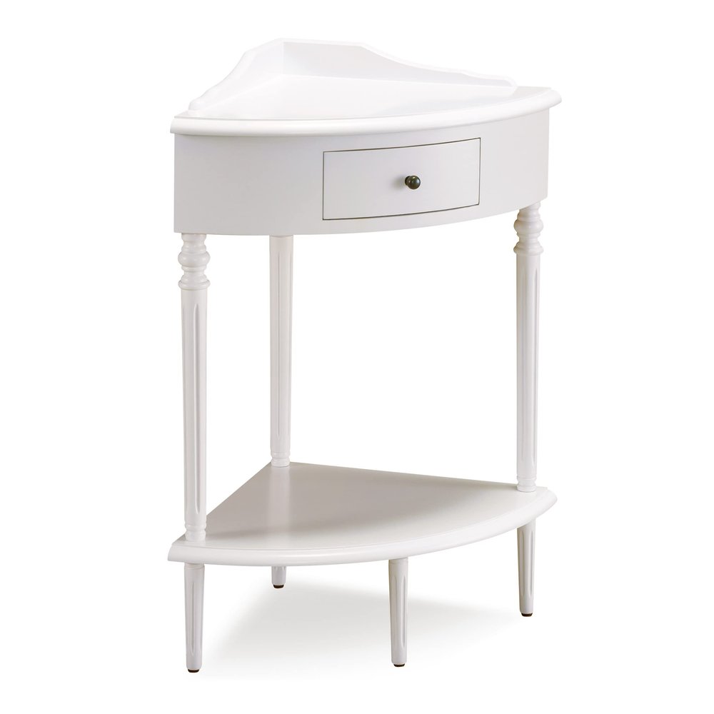 Coastal Solid Wood Corner Wedge Table with Drawer, Cottage White, Perfect for Entryways, Hallways, and Small Spaces  Leick Home, 9016-WT