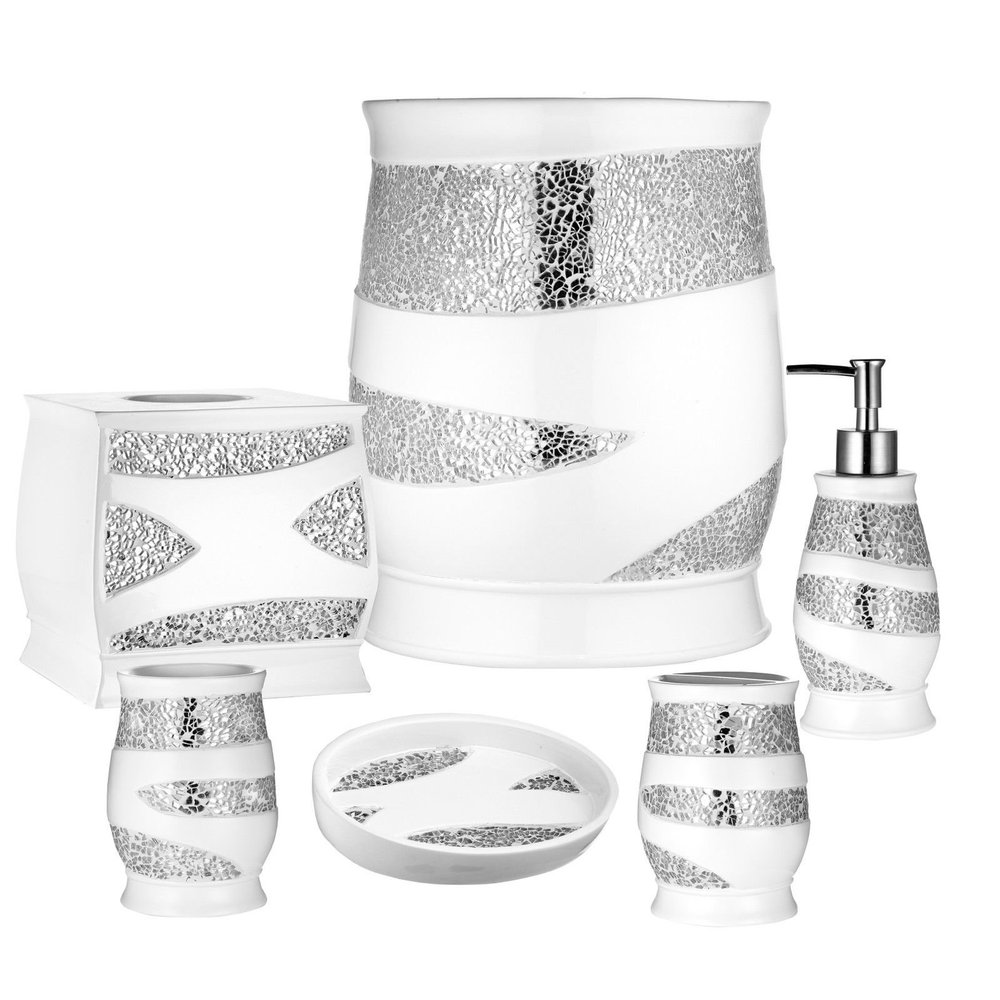 6 Piece Sinatra Resin Bath Accessory Set, Cracked Glass, White