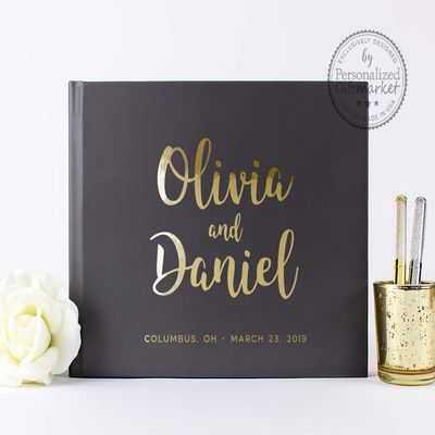 Wedding Guest Book Personalized with Bride & Groom Names, Signature Well Wishes Book or Photo Booth Album in Gray - Hardcover (12x12 inches)
