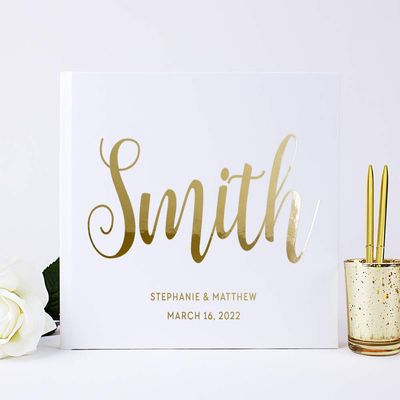 White Wedding Guest Book, Personalized Guestbook for Wedding Gift for Bride & Groom with Embossed Foil - Hardcover (10x8 inches)