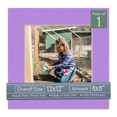 CountryArtHouse Light Purple Acid Free 12x12 Picture Frame Mats with White Core Bevel Cut for 8x8 Pictures - Fits 12x12 Frame - One Mat - With Bag & Backing