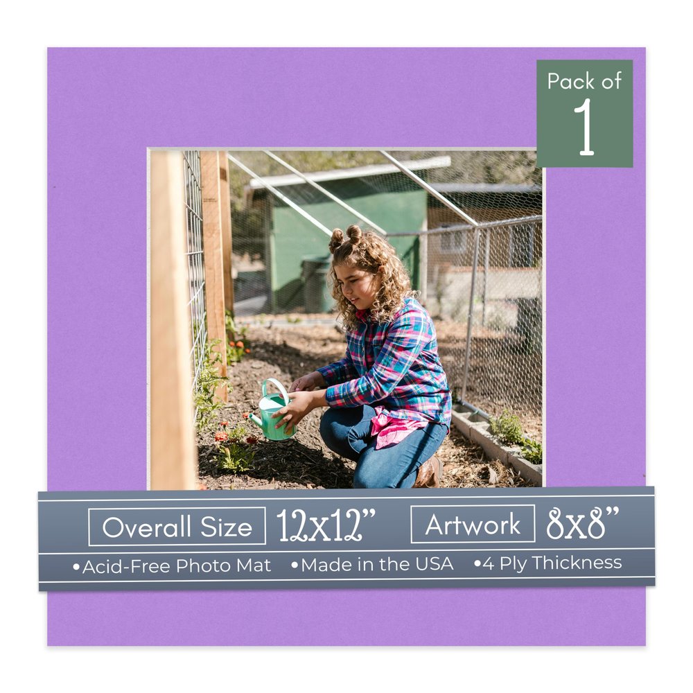 CountryArtHouse Light Purple Acid Free 12x12 Picture Frame Mats with White Core Bevel Cut for 8x8 Pictures - Fits 12x12 Frame - One Mat - With Bag & Backing