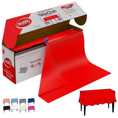 Neatiffy Disposable Plastic Table Cloth Roll | 54 in x 108 Ft Waterproof Tablecloth | Table Cover for Rectangle, Square, Round Oval Tables | Picnic, Party, Banquet, Birthdays, Weddings - Red