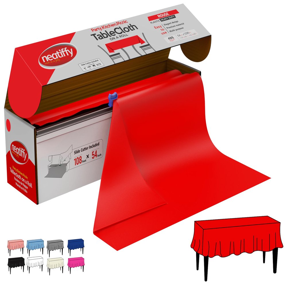 Neatiffy Disposable Plastic Table Cloth Roll | 54 in x 108 Ft Waterproof Tablecloth | Table Cover for Rectangle, Square, Round Oval Tables | Picnic, Party, Banquet, Birthdays, Weddings - Red