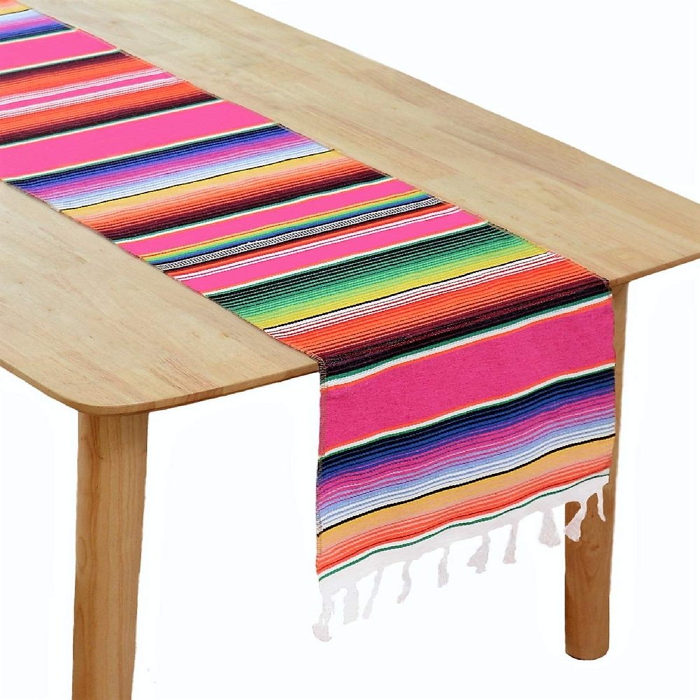 BOXAN Mexican Serape Table Runner for Mexican Party Wedding Decorations Outdoor Picnics Dining Table, Fringe Cotton Blanket Fiesta Table Runners, 14 x 84 Inch