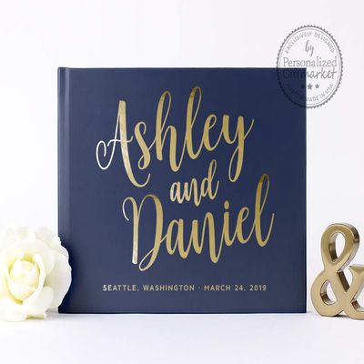 Personalized Wedding Guestbook Navy Gold Foil, Custom Handmade Guest Book or Photo Album - Hardcover (12x12 inches)