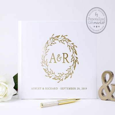 Personalized Wedding Guest Book Floral Monogram Guestbook, Custom Sign in Book with Names - Hardcover (12x12 inches)