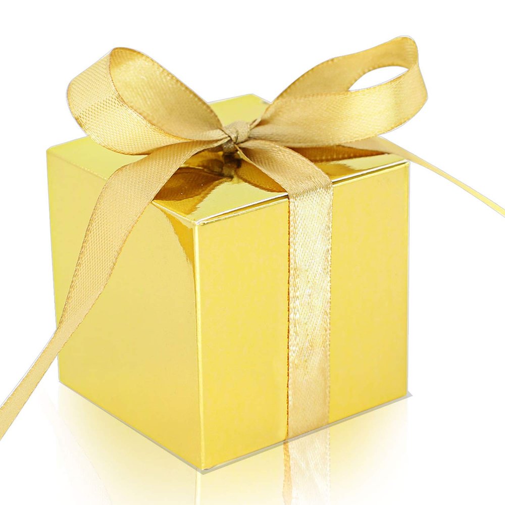 KPOSIYA 70 Pack Favor Boxes 2x2x2 inch Candy Boxes Gold Gift Boxes with Ribbons for Wedding Baby Shower Decorations Birthday Party Supplies
