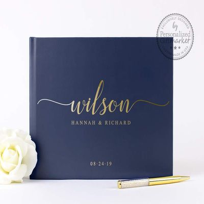 Navy and Gold Foil Personalized Wedding Book, Customize Names and Date Photo Album or Sign In Guestbook for Bride & Groom - Hardcover (12x12 inches)