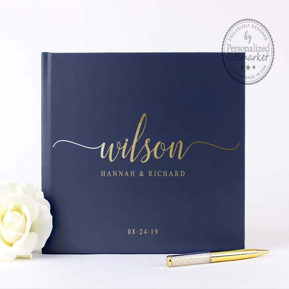 Navy and Gold Foil Personalized Wedding Book, Customize Names and Date Photo Album or Sign In Guestbook for Bride & Groom - Hardcover (12x12 inches)