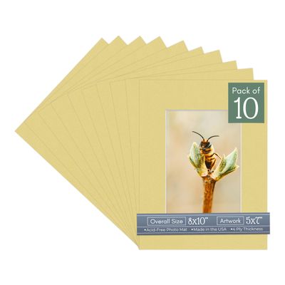 CountryArtHouse Soft Yellow Acid Free 8x10 Picture Frame Mats with White Core Bevel Cut for 5x7 Pictures - Fits 8x10 Frame - Pack of 10 Mats