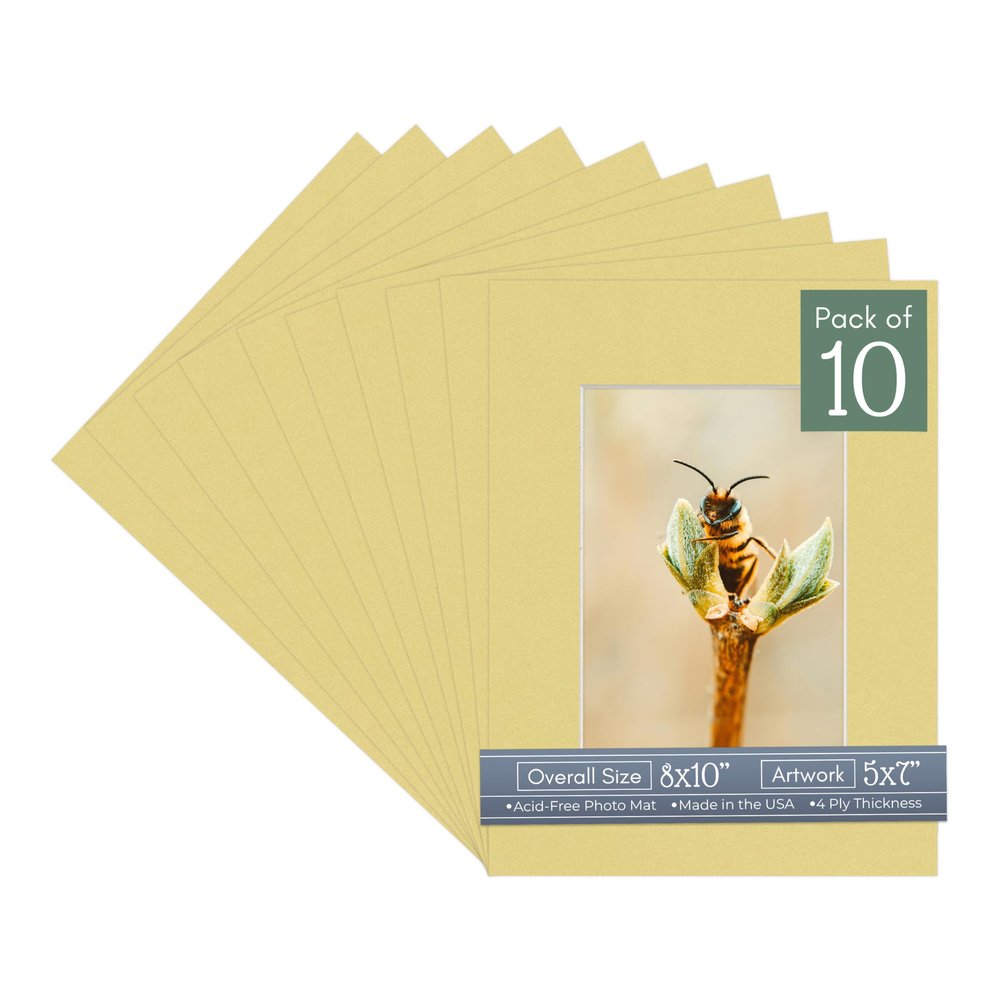 CountryArtHouse Soft Yellow Acid Free 8x10 Picture Frame Mats with White Core Bevel Cut for 5x7 Pictures - Fits 8x10 Frame - Pack of 10 Mats
