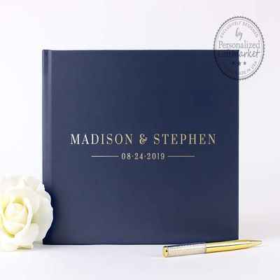 Navy Wedding Guest Book Embossed with Real Foil, Personalized Signature Sign-In Book or Wedding Photo Booth Album - Hardcover (10x8 inches)
