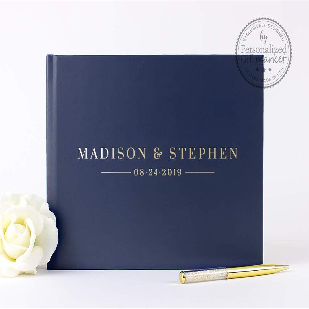 Navy Wedding Guest Book Embossed with Real Foil, Personalized Signature Sign-In Book or Wedding Photo Booth Album - Hardcover (10x8 inches)