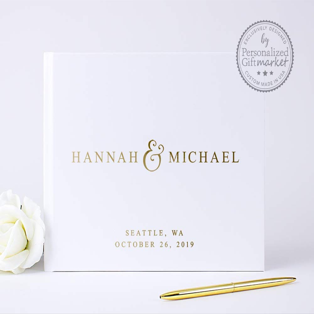 Personalized Wedding Guest Book, Custom Guestbook with Bride Groom Names with Embossed Gold Foil - Hardcover (12x12 inches)