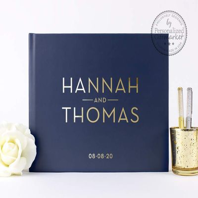 Navy Wedding Guest Book, Personalized Wedding Sign-In Book or Photo Album Gift for Bride & Groom - Hardcover (10x8 inches)
