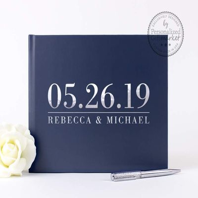 Navy Blue Wedding Guest Book, Custom Personalized Wedding Sign in Guestbook or Photo Album for Bride & Groom - Hardcover (12x12 inches)
