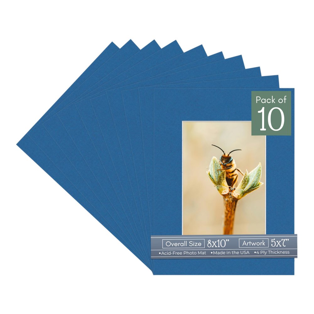 CountryArtHouse Royal Blue Acid Free 8x10 Picture Frame Mats with White Core Bevel Cut for 5x7 Pictures - Fits 8x10 Frame - Pack of 10 Mats