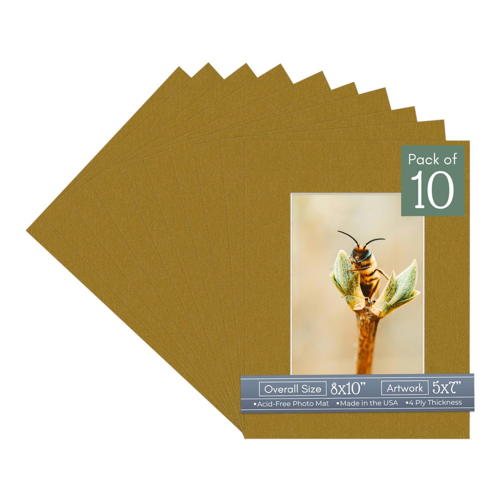 CountryArtHouse Metallic Gold Acid Free 8x10 Picture Frame Mats with White Core Bevel Cut for 5x7 Pictures - Fits 8x10 Frame - Pack of 10 Mats - with Bags & Backings