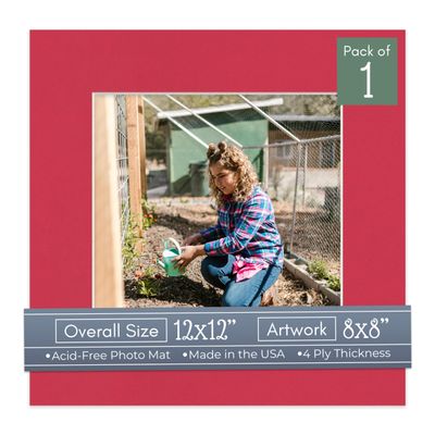 CountryArtHouse Deep Red Acid Free 12x12 Picture Frame Mats with White Core Bevel Cut for 8x8 Pictures - Fits 12x12 Frame - One Mat - With Bag & Backing