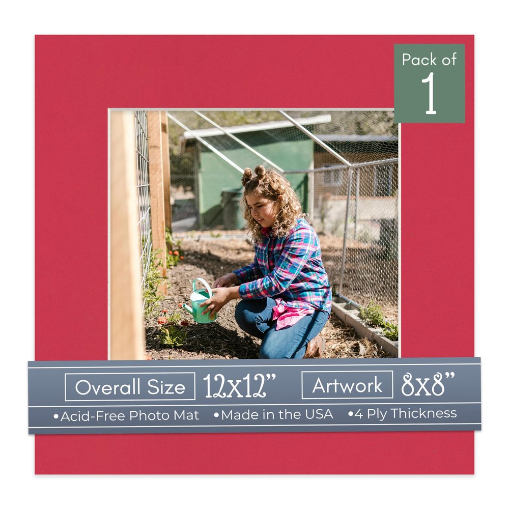 CountryArtHouse Deep Red Acid Free 12x12 Picture Frame Mats with White Core Bevel Cut for 8x8 Pictures - Fits 12x12 Frame - One Mat - With Bag & Backing