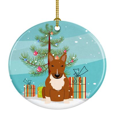 Caroline's Treasures Merry Christmas Tree Bull Terrier Red Ceramic Ornament Christmas Tree Hanging Decorations for Home Christmas Holiday, Party, Gift, 3 in, Multicolor