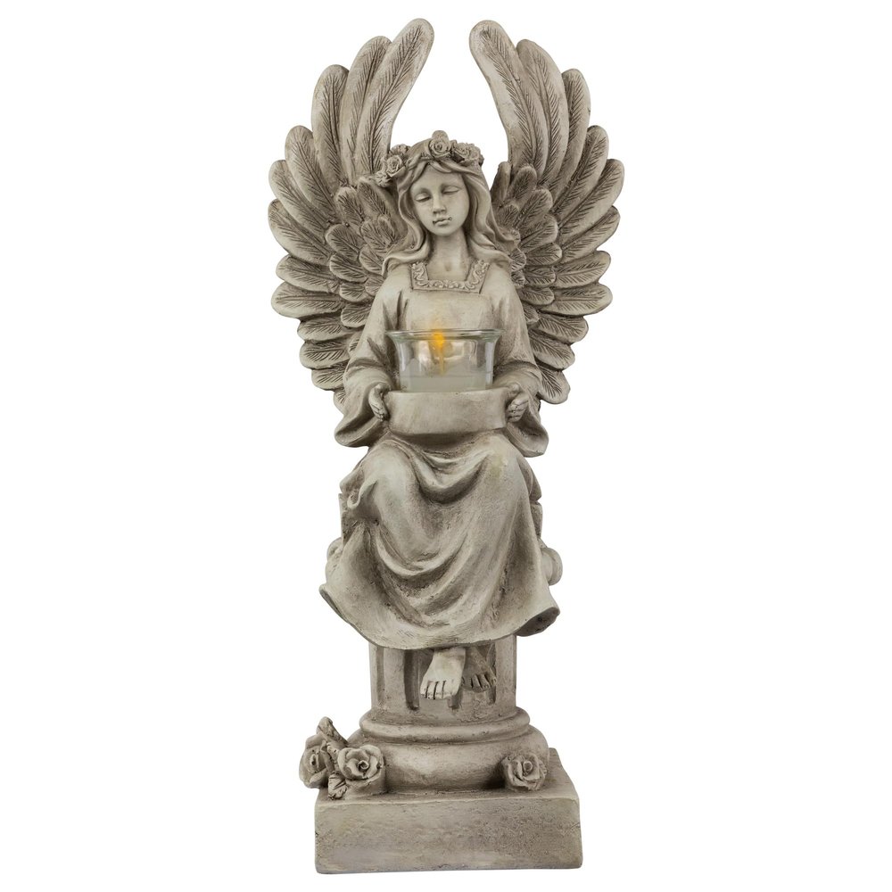 17" Peaceful Angel on Pedestal Candle Holder Outdoor Statue
