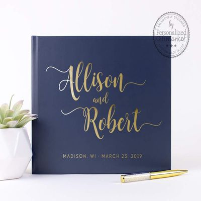 Navy Wedding Guestbook, Personalized Custom Guest Book for Bridal Shower Gift or Wedding Event - Hardcover, 50 Pages (10x8 inches)