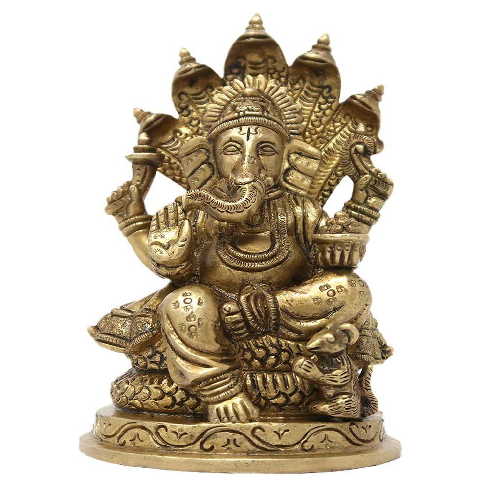 Brass Statue Hindu God Lord Ganesha Sitting on Snake 5.25x3x2.75 inch; 960 Grams